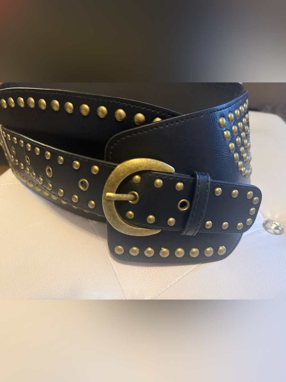 Black Studded Wide Vegan Leather Belt with Brass Buckle